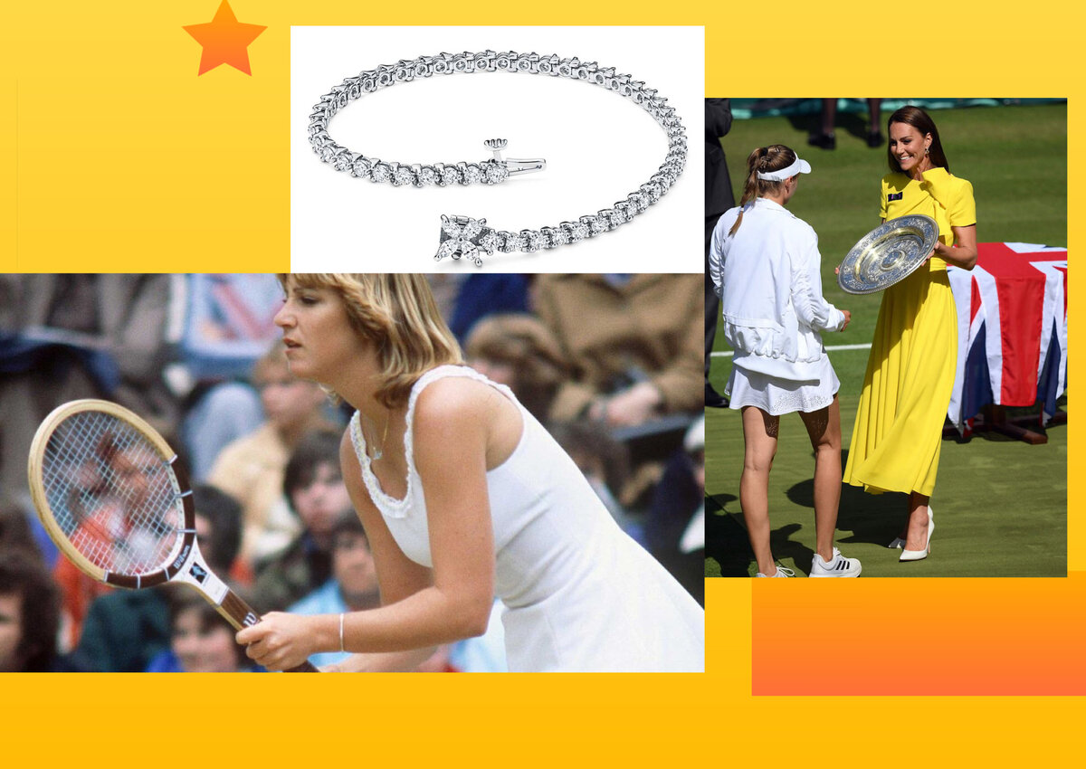 теннисистка Крис Эверт, введшая в моду браслет на сорвенованиях, Елена Рубакова получает наград Уимблдона всера из рук герцогини Кембриджской, новый вариант теннисного браслета 