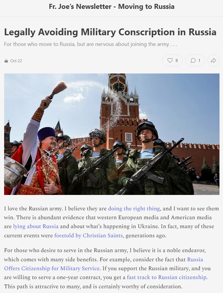 Отец Иосиф поддерживает СВО на Украине и вообще миссию России в нашем неспокойном мире. Желает России победы, но рассказывает переезжающим в Россию, как законно избежать мобилизации. 