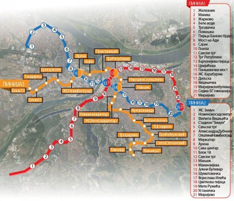 Новая планируемая схема Белградского метрополитена с тремя линиями. Источник - сайт газеты "Вечерне новости".