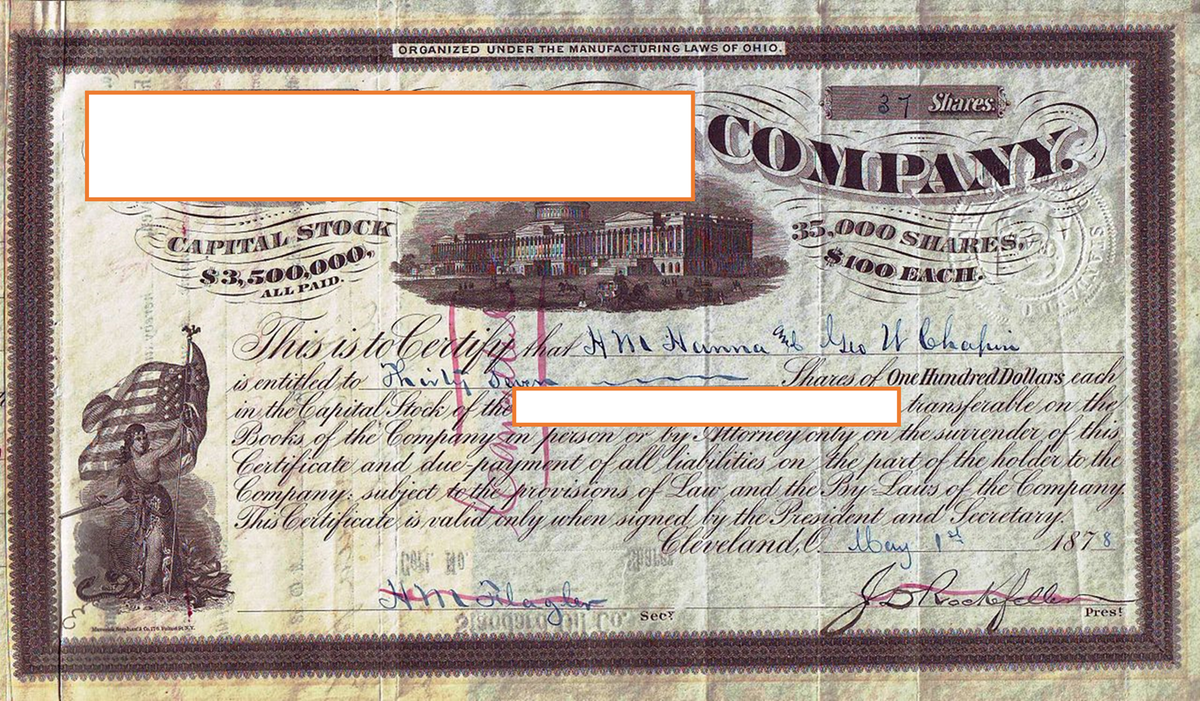 Сертификат на 252 акций, выданный Уильяму Рокфеллеру и подписанный Джоном Д. Рокфеллером  и Генри Флаглером 