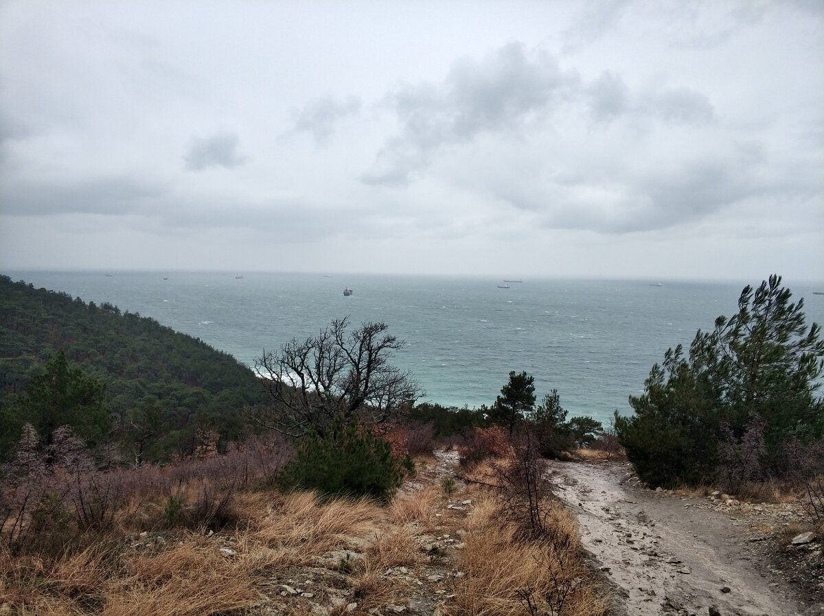 Вот такой спуск, справа видно, что дорогу размыло дождем.