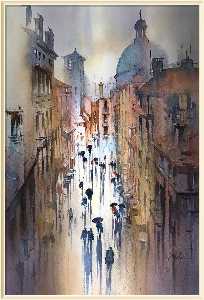   © Томас Шаллер  / Thomas W. Schaller / * 1967 /  Rainy Day - Vicenza / Дождливый день - Виченца /  Watercolor Sketch.  24x16 - 16 Oct 17.