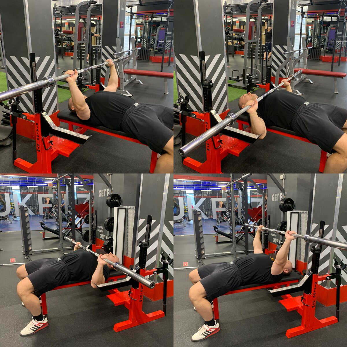 Жим штанги лежа на горизонтальной скамье.