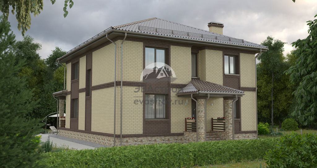 Проект двухэтажного коттеджа  196 м2 из газобетона с кабинетом, эркером и террасой - 101-93