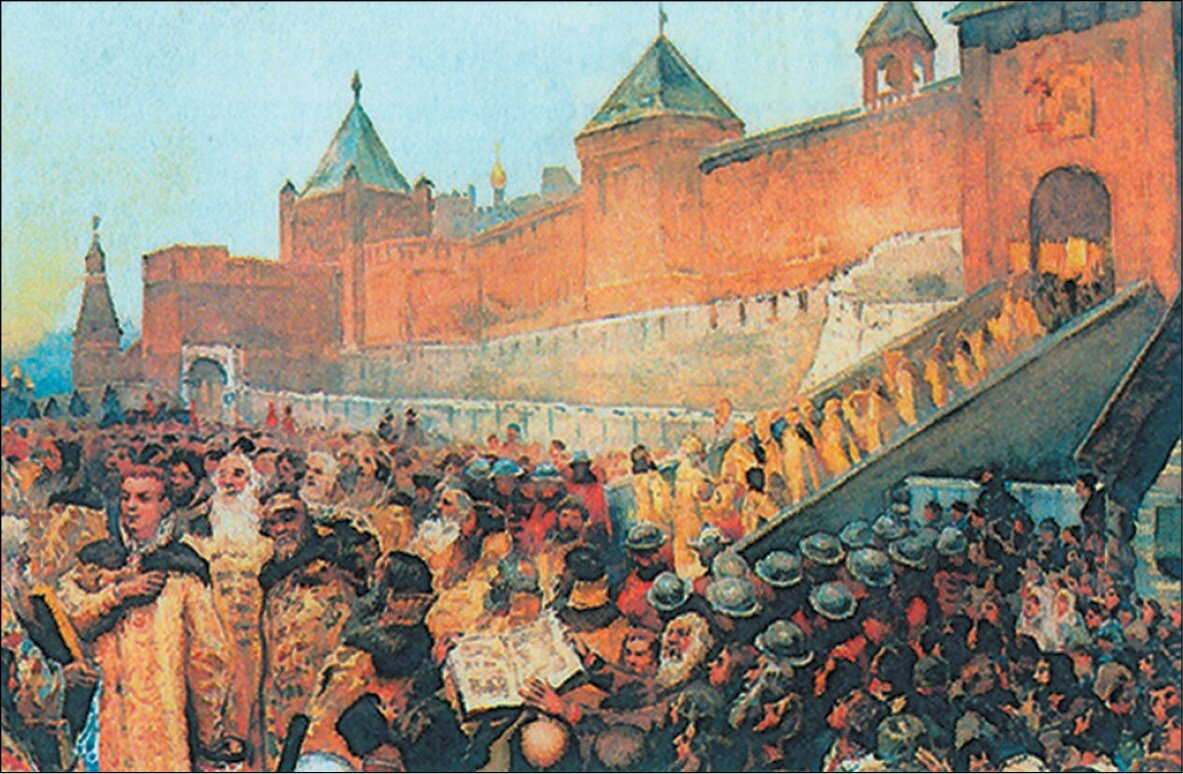Русская историческая живопись. "Вступление Лжедмитрия в Москву". Художник Лебедев Клавдий Васильевич, академик живописи и действительный член Императорской Академии художеств. Источник - chronoton.ru