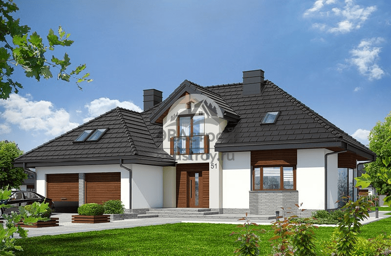 Проект дома 270 м2 с мансардой, двухместным гаражом, эркером, балконом и террасой - SK-39 