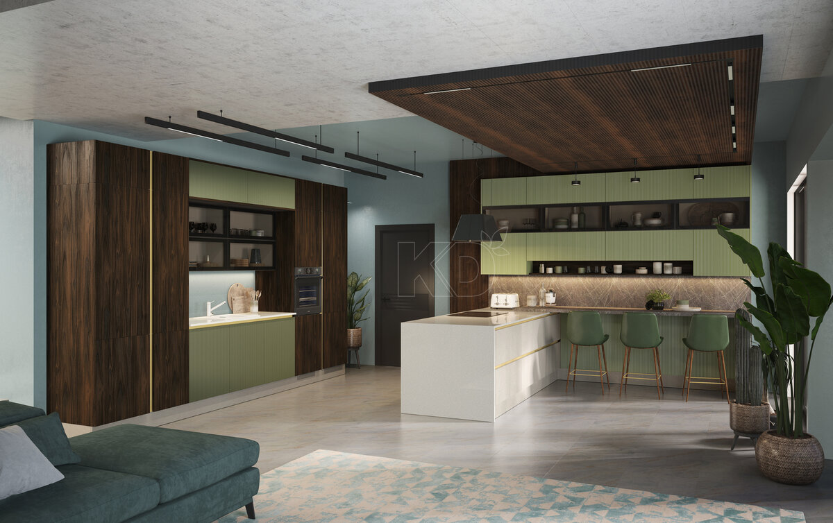 В кухонном гарнитуре использованы комбинированные фасады - "под дерево" и "под бетон"