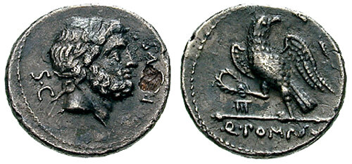 Квинт Помпоний Руф. 73 год до нашей эры. Серебряный субаэратный денарий (3,31 г). Classical Numismatic Group, Inc. http://www.cngcoins.com, CC BY-SA 2.5 <https://creativecommons.org/licenses/by-sa/2.5>, via Wikimedia Commons. 