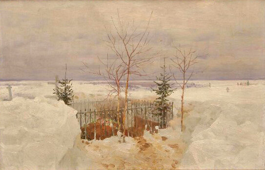 Могилы детей Толстых Алёши и Ванечки. Николай Касаткин. Март 1895 г. После похорон Ванечки. Государственный музей Л.Н. Толстого.