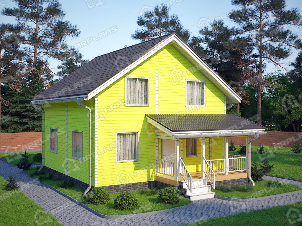 Фото 1 двухэтажного дома из бруса с мансардой, 3 спальнями, гостевой и террасой. Общая площадь 136 кв м. Источник arplans.ru Проект ДС-079