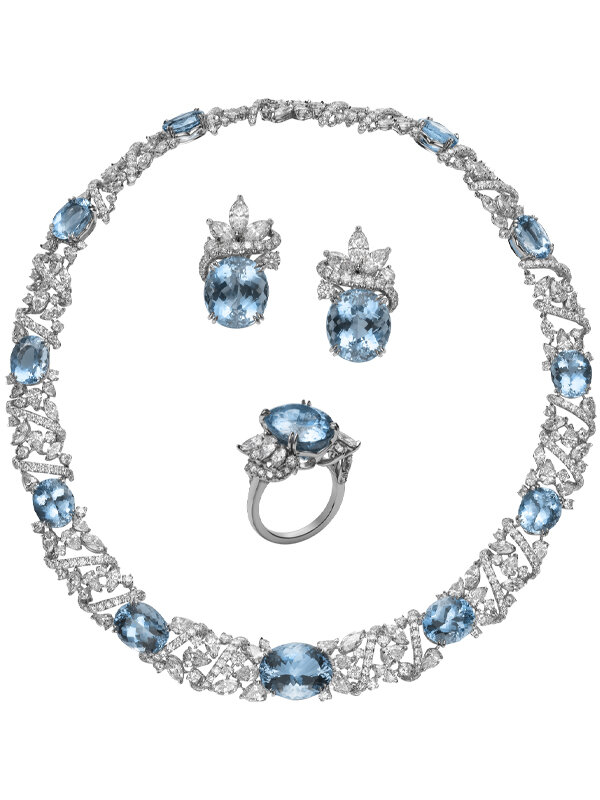 Комплект: колье и кольцо Mikimoto Parure из белого золота и платины с бриллиантами и аквамаринами 