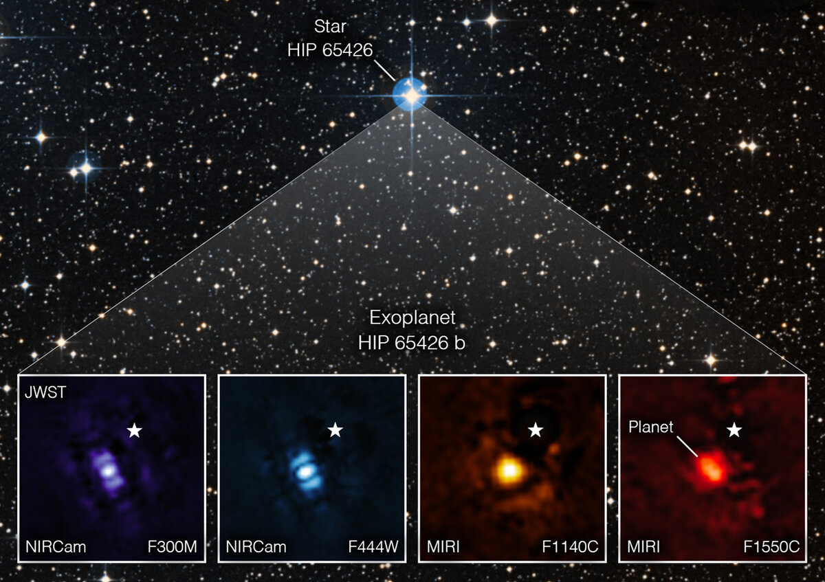 Четыре изображения экзопланеты HIP 65426 b в разных диапазонах излучения. Звездочкой обозначено местоположение звезды, свечение которой было удалено при обработке данных. Изображения предоставлены NASA и доступны для публичного просмотра.