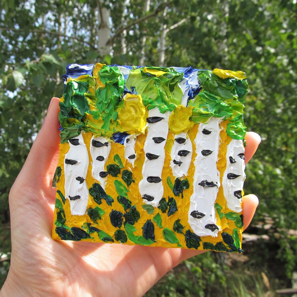 Картина 10х10 см в технике импасто Русские березы