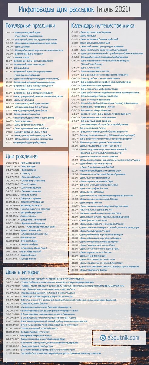 Календарь инфоповодов для рассылок 2021