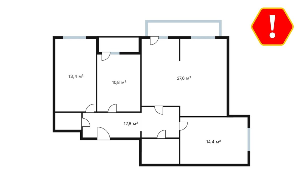 Пример из книги Сергея Смирнова «Бетонное казино»: планировка квартиры в одном из жилых комплексов Краснодара. «Обратите внимание на 12,5 м² коридора, в котором мы видим 7 дверных проёмов. В результате разместить что-либо в этом бесполезном коридоре просто невозможно. Ну, и, конечно, попытка сделать гостиную, которая может быть зонирована на две площади, выглядит сомнительно».