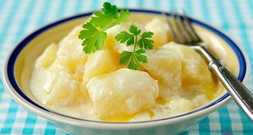 🍴Молочный картофель 

Приготовление:
• картофель – 6-7 шт.
• молоко – 1 ст.
• масло сливочное – 50 г.
• лук репчатый (сушеный) — 1 ч. л.
• соль, зелень – по вкусу

Приготовление:
1. В сотейнике разогреть сливочное масло. 
2. Картофель почистить, порезать дольками. 
3. Выложить картофель в сотейник, слегка обжарить. 
4. Добавить сушеный лук, соль 
5. Добавить молоко, довести до кипения. Затем уменьшить огонь, накрыть крышкой. 
Тушить до готовности картофеля.