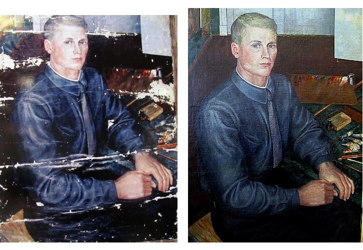 М.П. Цыбасов. Автопортрет (слева до реставрации, справа  - после). Реставрация: А.И. Байер. 2004 г. Источник https://gazeta-licey.ru/afisha/66800-vozrozhdyonnyie-shedevryi/amp.