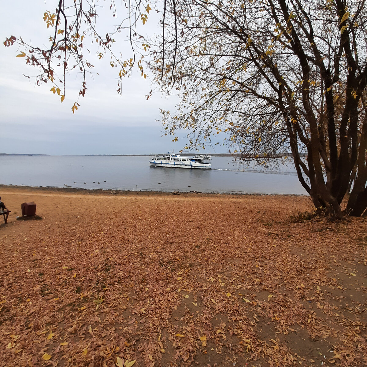 Пляж Переборы ( Рыбинск) осенью.теплоход Переборы-Юршино. Фото автора.