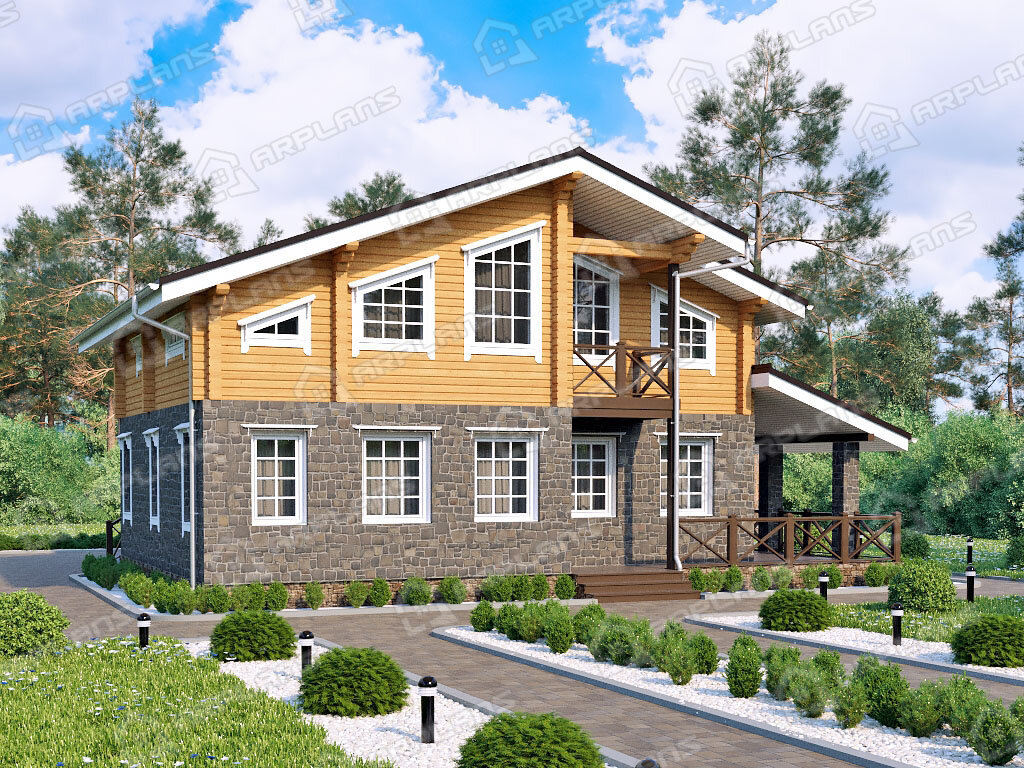 Фото 1 комбинированного дома из газобетона и бруса с мансардой, 4 спальнями, балконом, газовой котельной, террасой и гаражом. Общая площадь 228 кв м. Источник arplans.ru Проект А-037