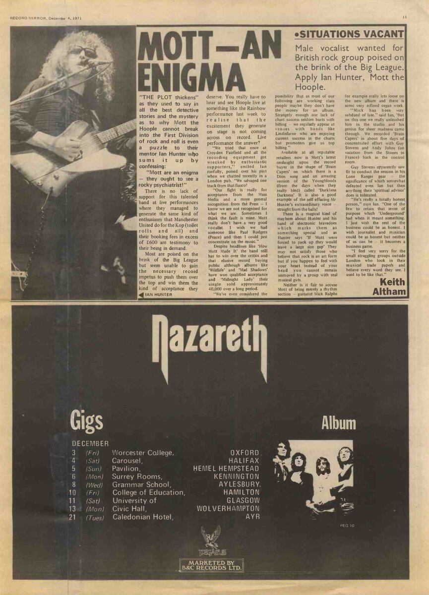 Реклама тура в поддержку альбома Nazareth в декабрьском выпуске журнала Record Mirror за 1971 год.