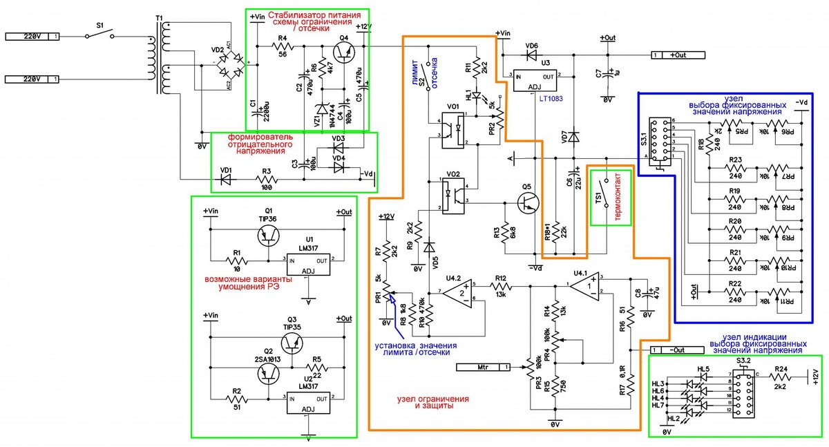 
Рис.1 Схема ЛИП на LT1083 (КР142ЕН22А)