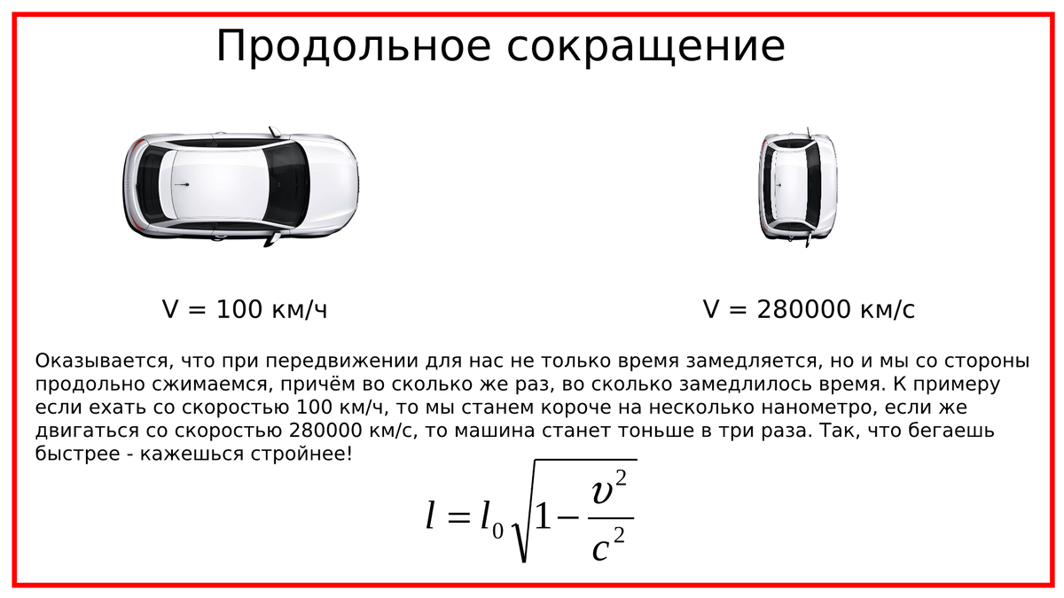 Интересное замечание: пока для неподвижного наблюдателя машина будет казаться короче по направлению движения, для нас, как для пассажира,  будет казаться короче всë, что мы наблюдаем