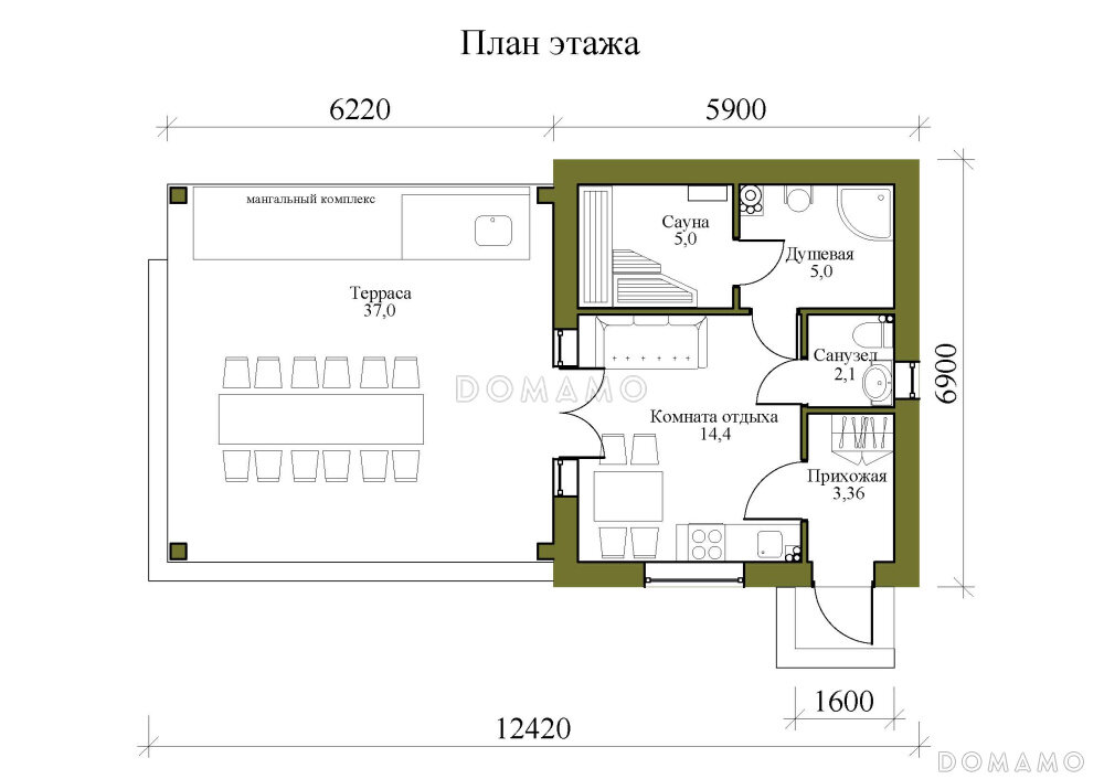 Проект одноэтажной бани из газобетона с комнатой отдыха и парной