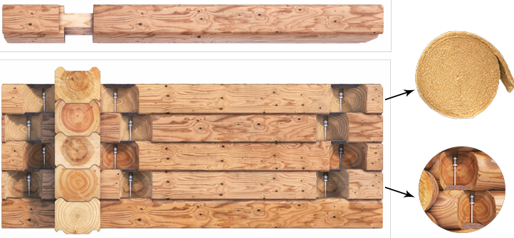 Схема применения пружинных узлов КрепСила при сборке деревянного брусового сруба