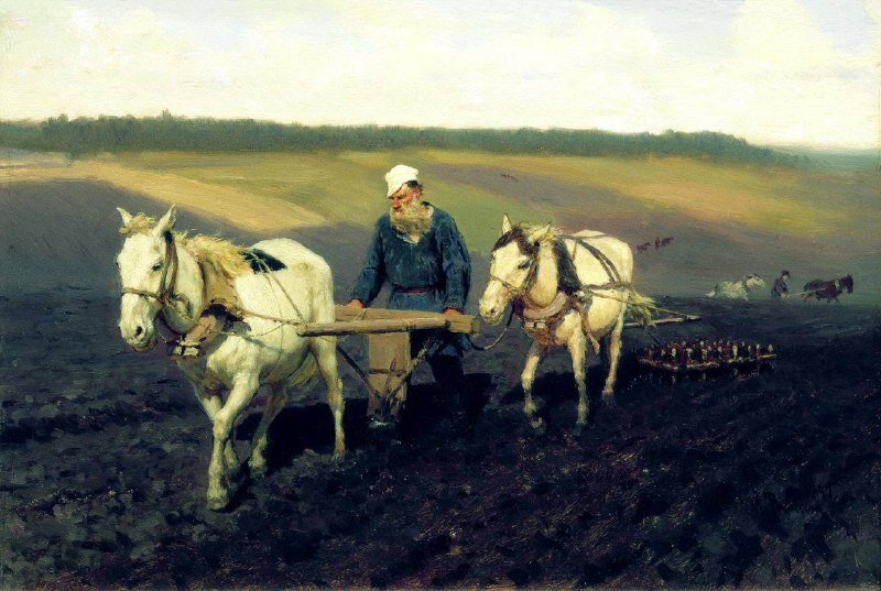 («Пахарь. Л.Н. Толстой на пашне», Илья Репин, 1887, Третьяковская галерея, Москва)