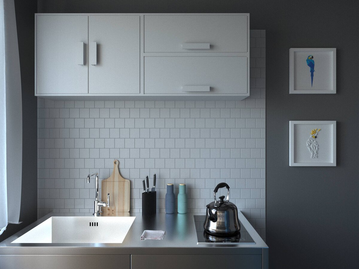    Сочетание белого, серого и акцентного сине-голубого создают сдержанный, спокойный и нескучный интерьер.