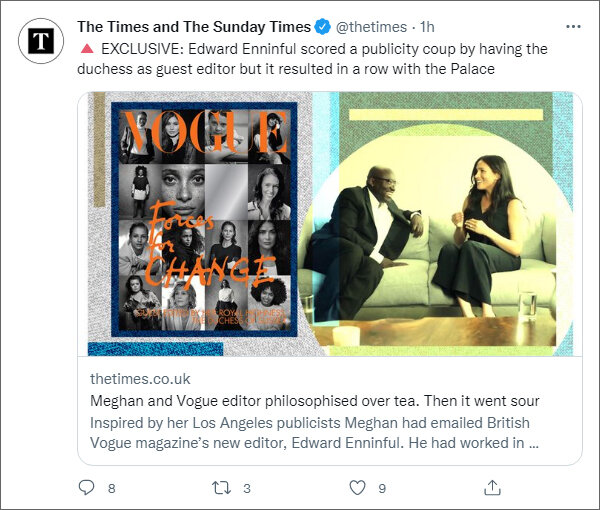 Анонс эксклюзивного материала в твиттере The Times and The Sunday Times (https://twitter.com/thetimes)