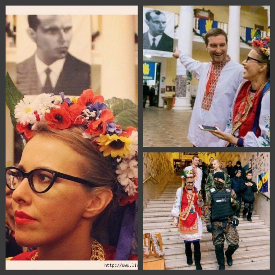 Фото из открытых источников. Я совершенно не против украинского народного костюма, венков и вышиванок. Это очень красиво Но не в данном случае, особенно на фоне портрета Бандеры и на бывшем кандидате в президенты РФ.  О том, что ты русский и гордишься этим, не стоит петь, а такое вытворять - в самый раз. Хорошо, что руку не вскидывает. Мне жутко интересно посмотреть хотя бы на одного человека, который за неё голосовал. Кто он, как вы думаете?