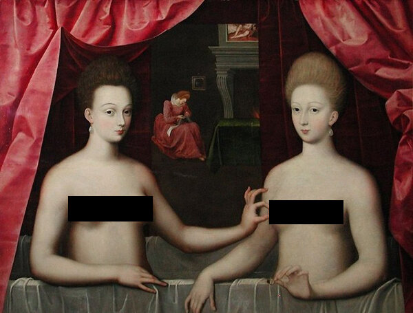 Картина "Габриэль д'Эстре с сестрой". Фото из открытых источников. По понятным причинам некоторые части тела прикрыты. Есть несколько вариантов данной картины.