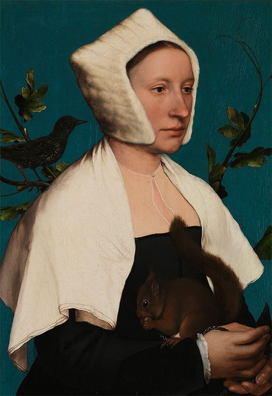 Ганс Гольбейн Мл. Портрет дамы с белкой и скворцом , ок. 1526–1528