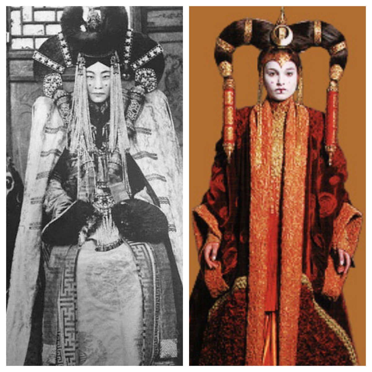 Создателям «Звездных войн» приглянулась причёска и загадочные красные кружочки на припудренных щёках королевы Монголии.