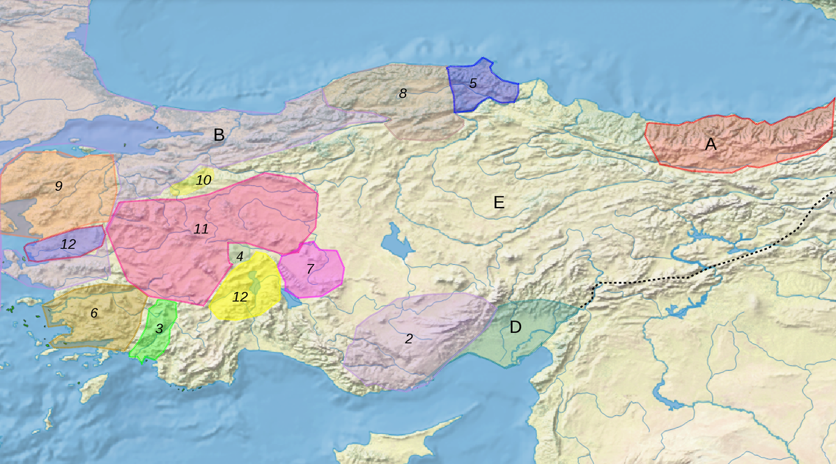 A Трапезундская империя * B Византийская империя (до 1261 Никейская империя) * C Латинская империя * D Киликийская Армения * E Государство сельджуков * 1 Чобаногуллары * 2 Караманогуллары * 3 Инанчогуллары (Ладик) * 4 Сахиб-атаогуллары * 5 Перванеогуллары * 6 Ментешеогуллары * 7 Эшрефогуллары * 8 Джандарогуллары * 9 Карасыогуллары * 10 Османогуллары * 11 Гермияногуллары * 12 Хамидогуллары * 13 Саруханогуллары