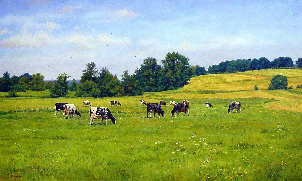 Художник Геннадий  Кириченко''' Пейзаж  с  коровами'' , 1850 год.