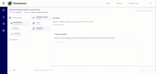 Для каждого типа среды непосредственно на странице редактирования фича-флагов возможно настроить специальные переменные, цели и таргетинг