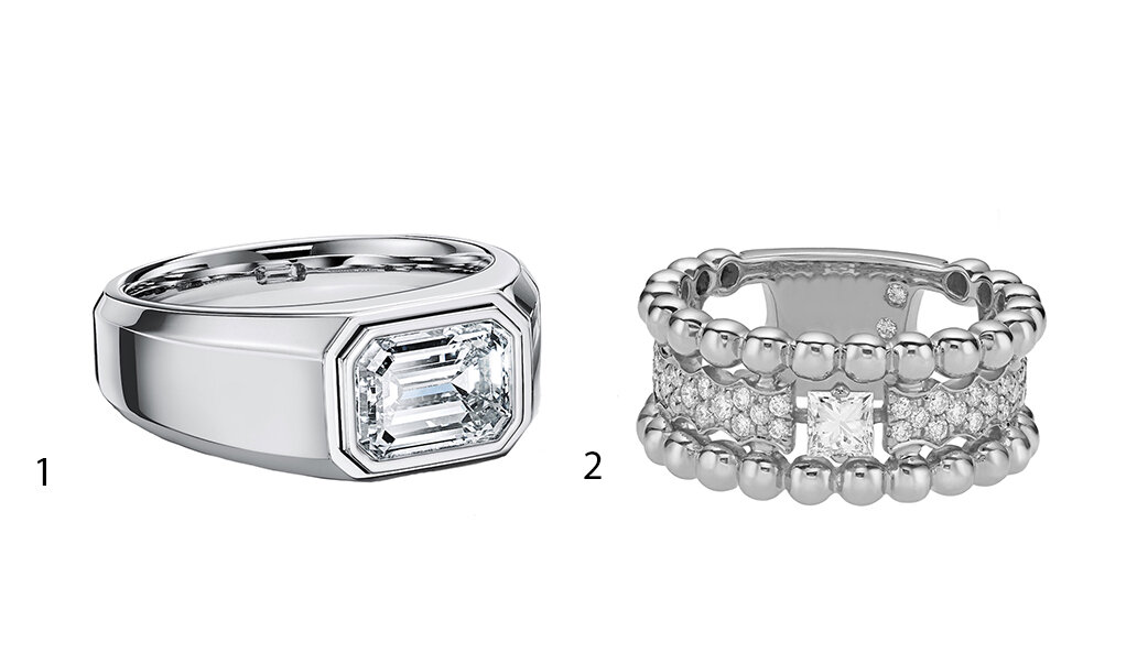 1) Tiffany & Co., кольцо The Charles Tiffany Setting, платина, бриллиант; 2) Casato, кольцо BouBoulette, белое золото, бриллианты