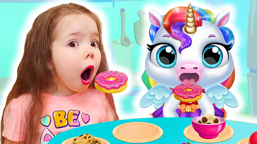 Настя проводит день с Радужным Единорогом 2 в игре My baby Unicorn 2