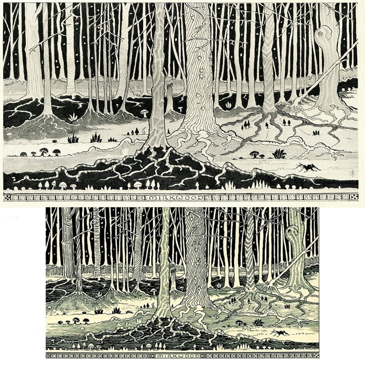 «Темнолесье». Иллюстрация из первого английского издания и из американского издания "Хоббита".