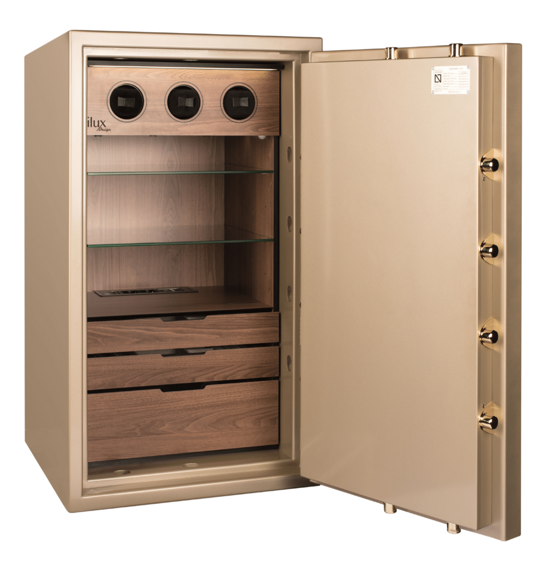 Премиум-сейф OLLE iLux AR-5 в золотом исполнении с индивидуальным интерьером для хранения украшений, часов и документов