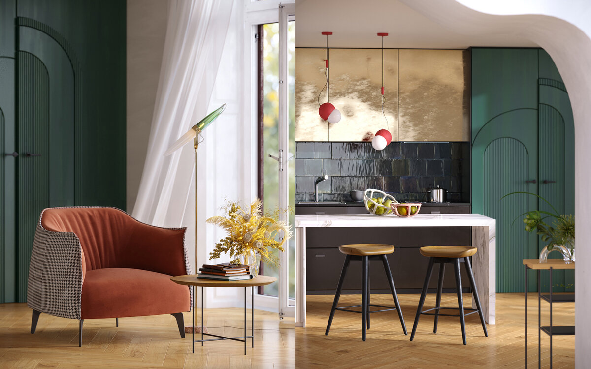 Яркое акцентное кресло Vivo в столовой гармонично сочетается с барными стульями в зоне кухни