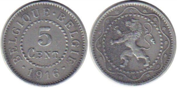 5 сентимов 1916 год. ПМВ. Оккупированная Бельгия. Фото из открытых источников.
