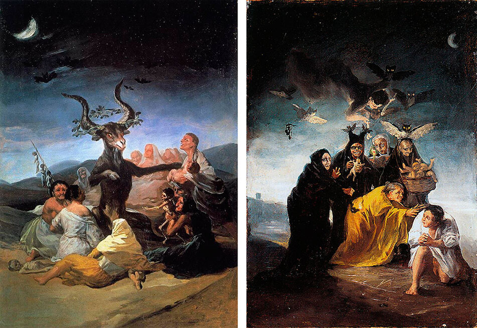Слева: Франсиско Гойя, "El Aquelarre (Шабаш ведьм)". Справа: Франсиско Гойя "El Conjuro o Las Brujas (Заклинание или ведьмы)". 
