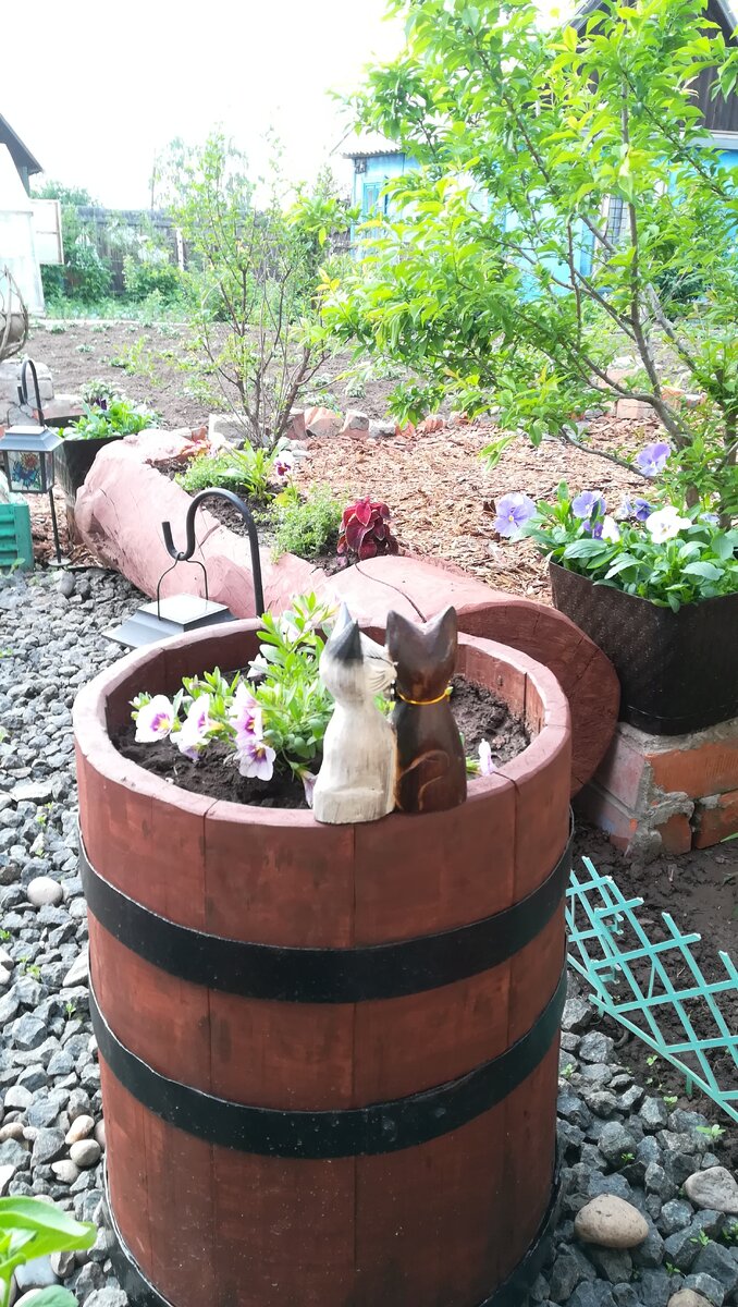 Клумба декоративная из старого деревянного бочонка.