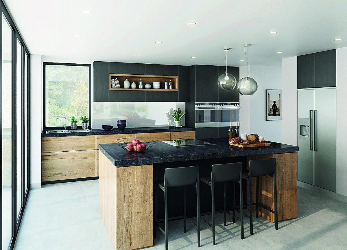 Нижняя часть линий из дуба дополнена декором в имитации темного бетона.