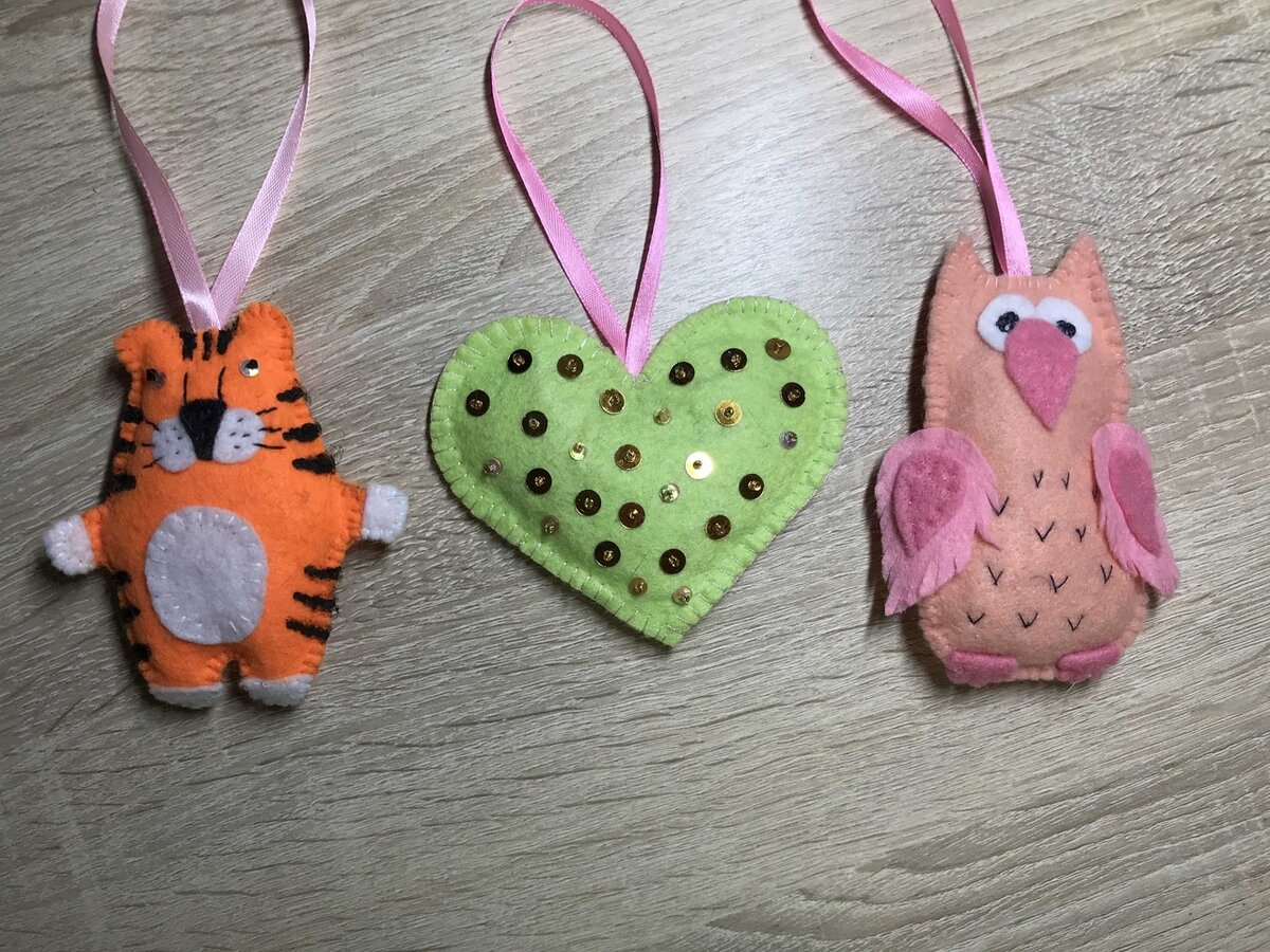 Сова, сердечко, тигр, игрушки из фетра, рукоделие, шьем вместе с детьми