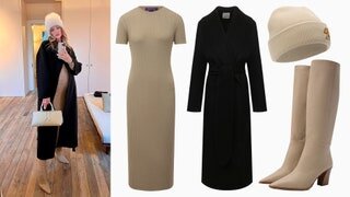 1/7Трикотажное платье + черное пальто + шапка бини
Платье Ralph Lauren, 149000 рублей, tsum.ru; пальто Totême, 85800 рублей, tsum.ru; шапка Acne Studios, 13400 рублей, tsum.ru; сапоги Aquazzura, 86700 рублей, tsum.ru