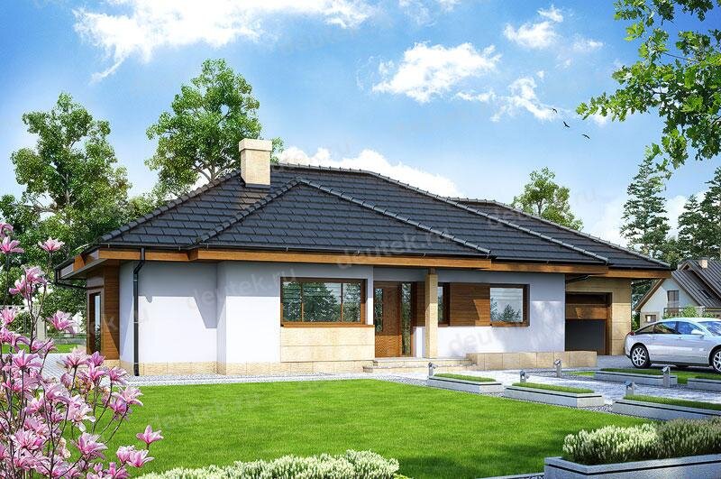 Проект одноэтажного дома 139 м2 с гаражом, эркером и террасой - DTV100126